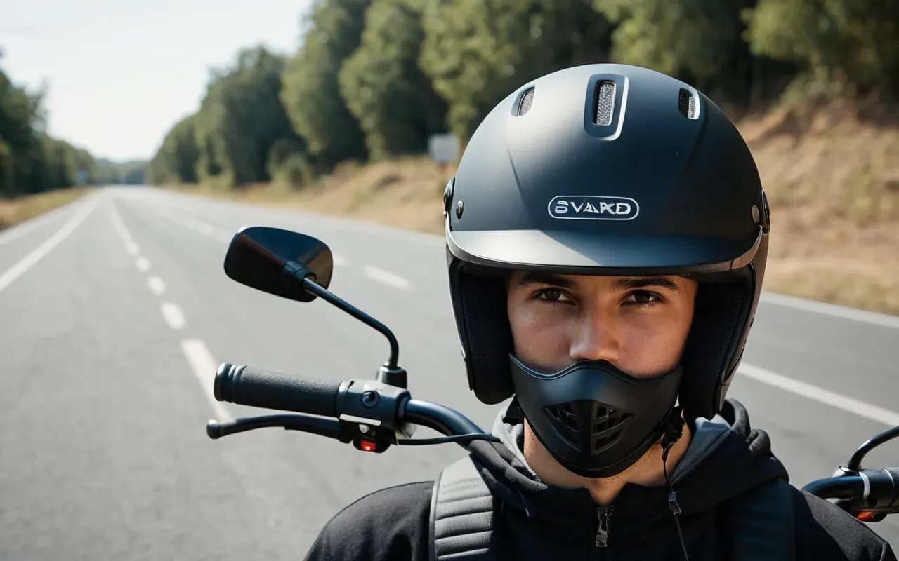 A close-up shot of a person wearing a modern matte black bicycle helmet while riding an electric scooter on a smooth asphalt road in bright daylight.