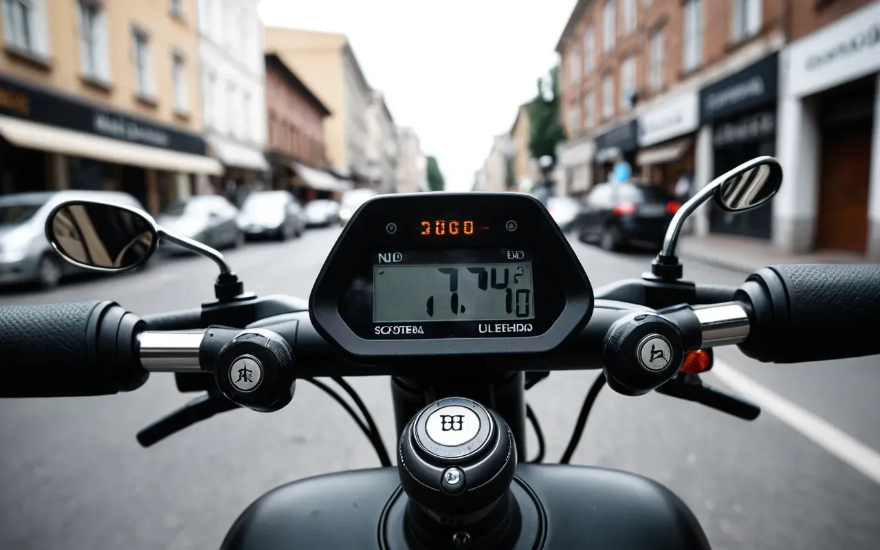 A close-up shot of electric scooter handlebars and dashboard in a modern urban setting. The focus is on the brake levers and digital display.