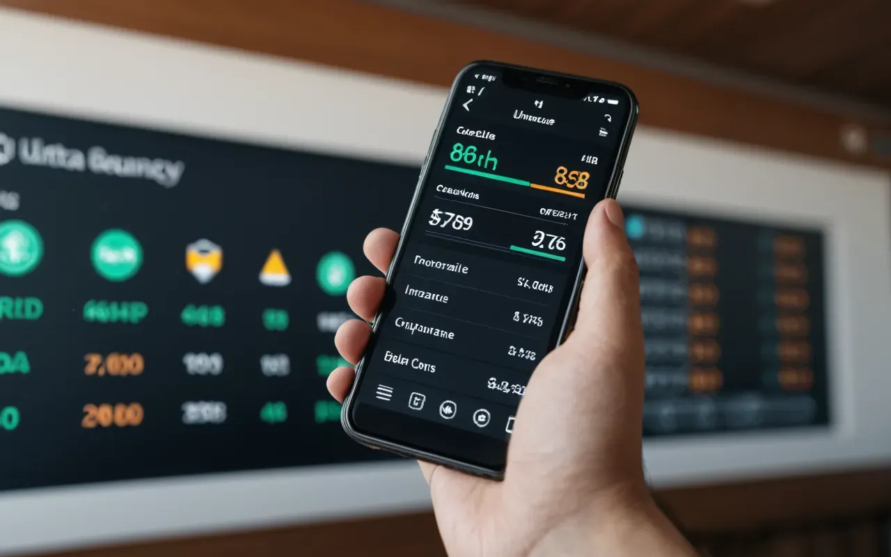 A close up view of a hand holding a smartphone displaying an insurance app interface with abstract icons and charts visible on the screen against a blurred background without any readable text or numbers.