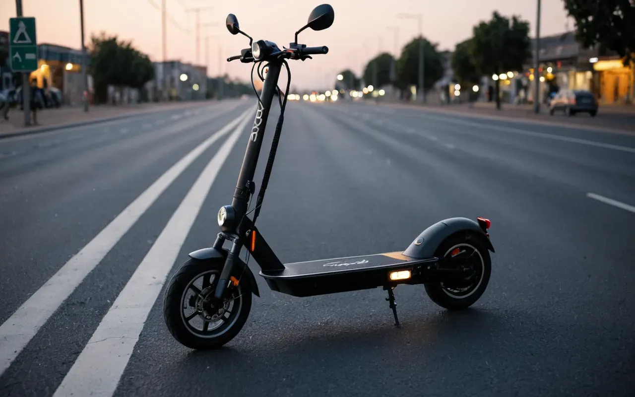 A close up view of a modern electric scooter standing on an asphalt road surface near a pedestrian crossing at dusk with soft street lighting in the background and no people visible.