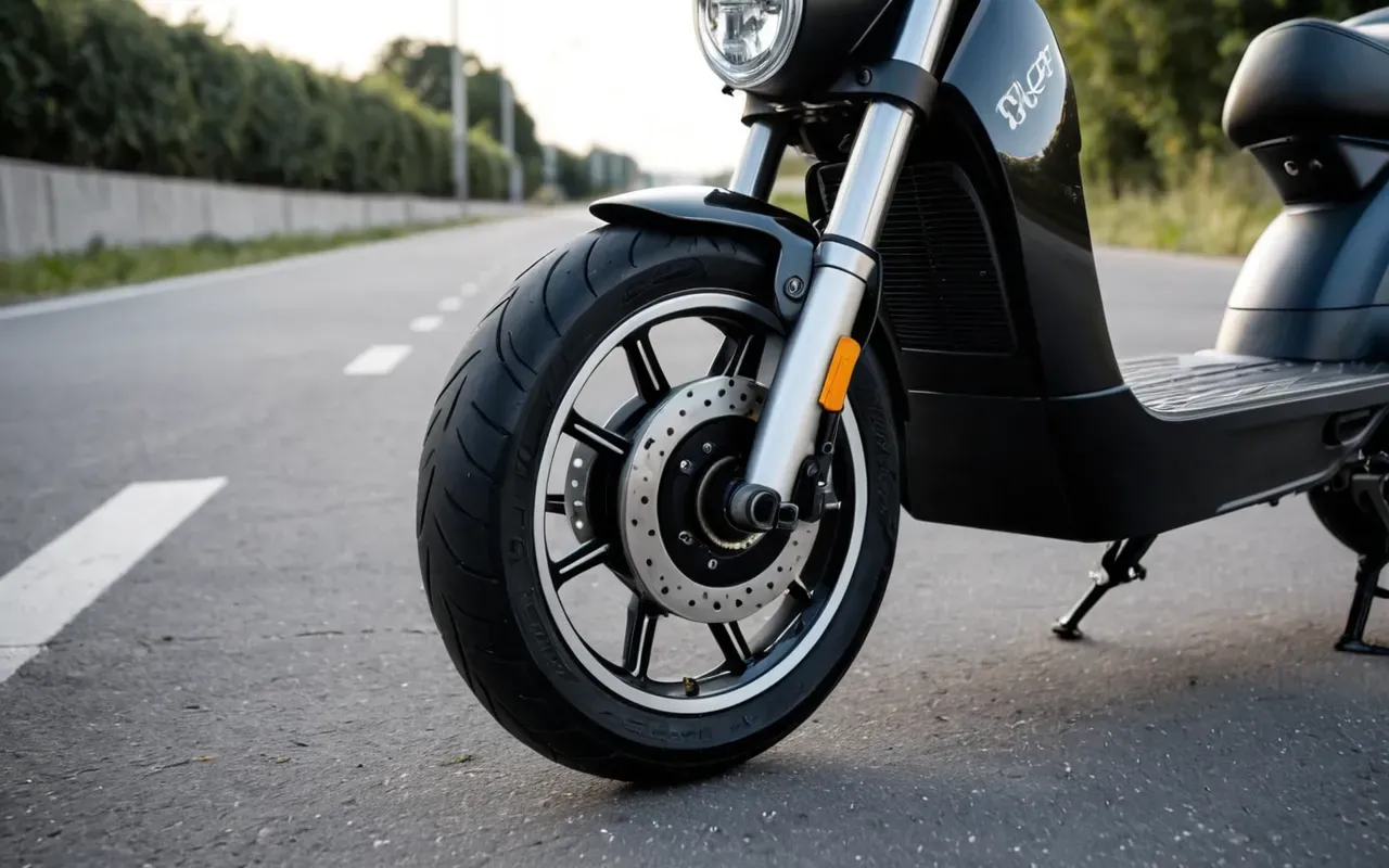A close up view of a modern electric scooter's front wheel and brake system on a smooth concrete pavement, highlighting the mechanical parts under soft daylight with no text or numbers visible.