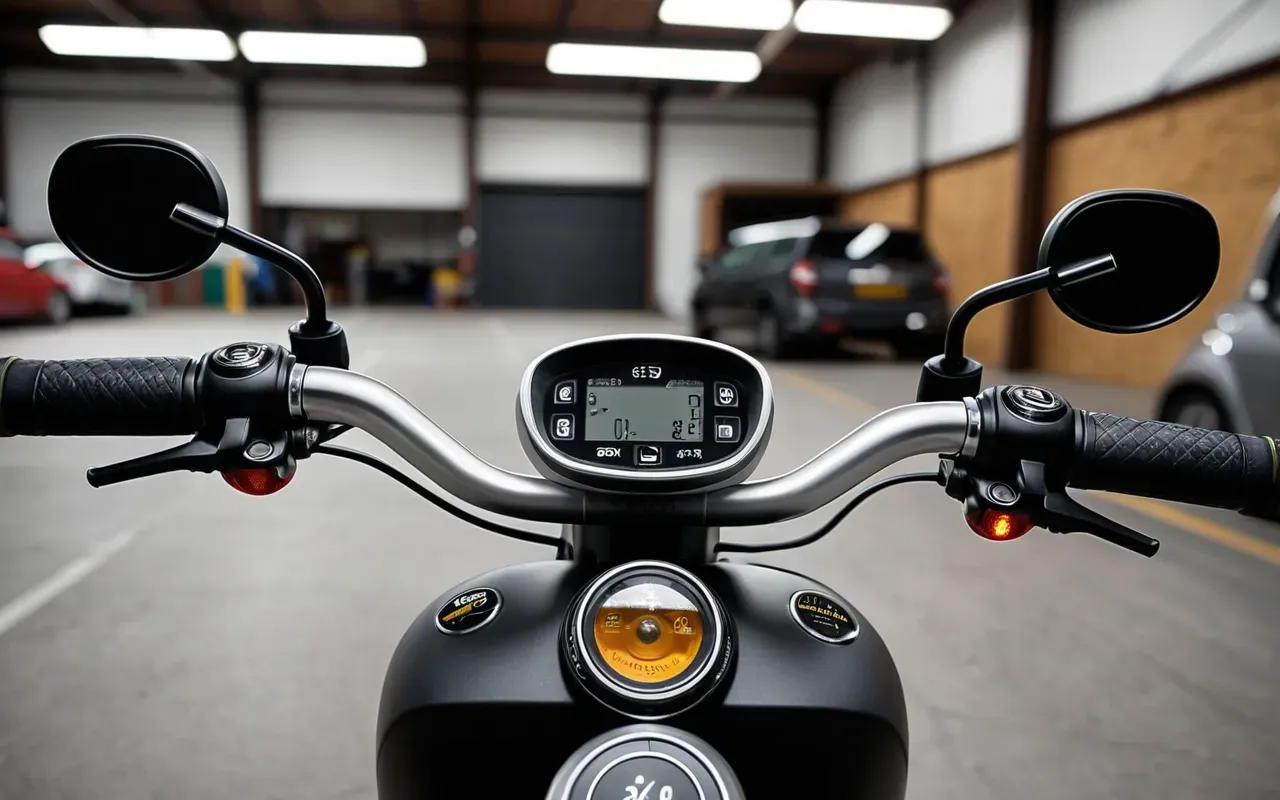 A close up view of a modern electric scooter handlebar and dashboard in a well lit garage setting. The design is sleek with silver accents and dark rubber grips providing a comfortable hold.