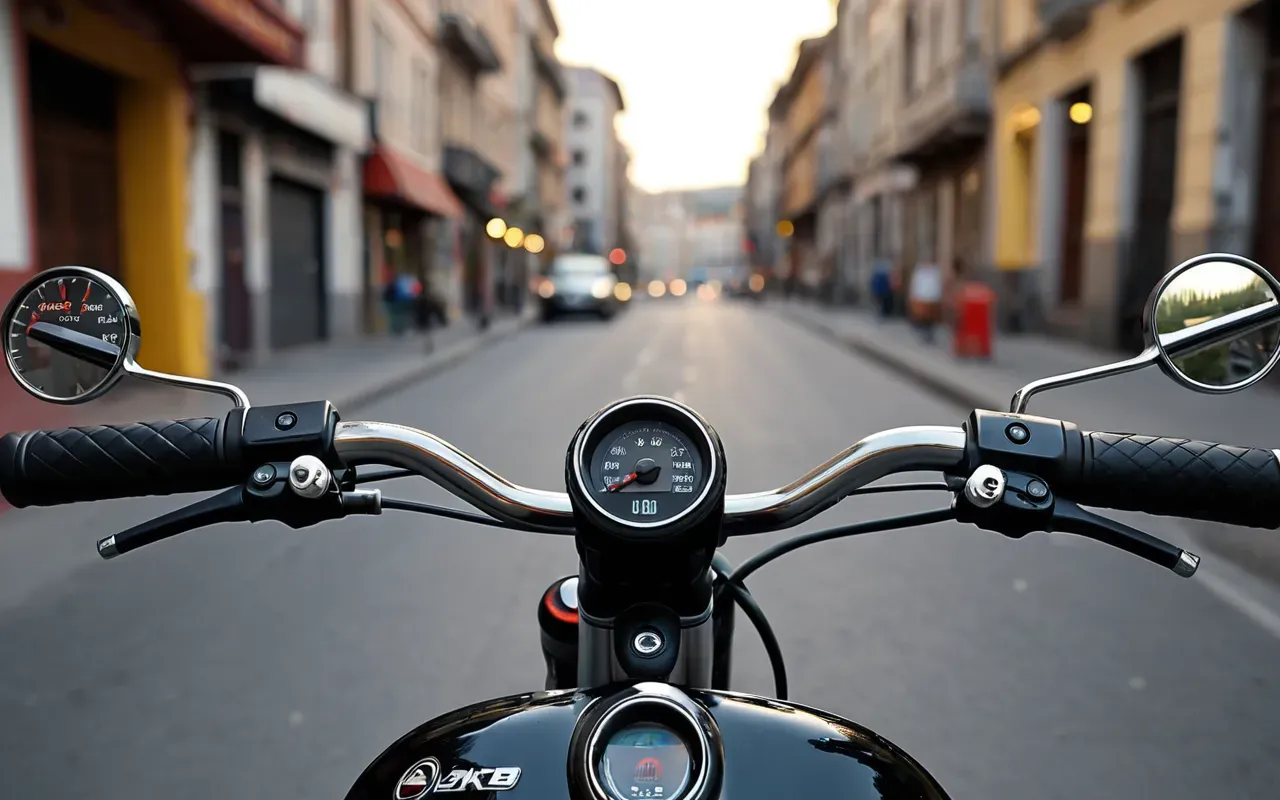 A close up view of a scooter handlebar showing the throttle twist and brake lever in sharp focus against a blurred city street background with soft evening light.