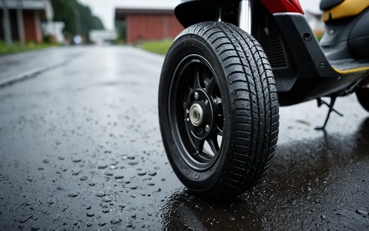 yağışlı zemin skuter lastiği A close-up view of a small scooter tire on wet asphalt with raindrops visible and shallow depth of field highlighting the slick surface texture.