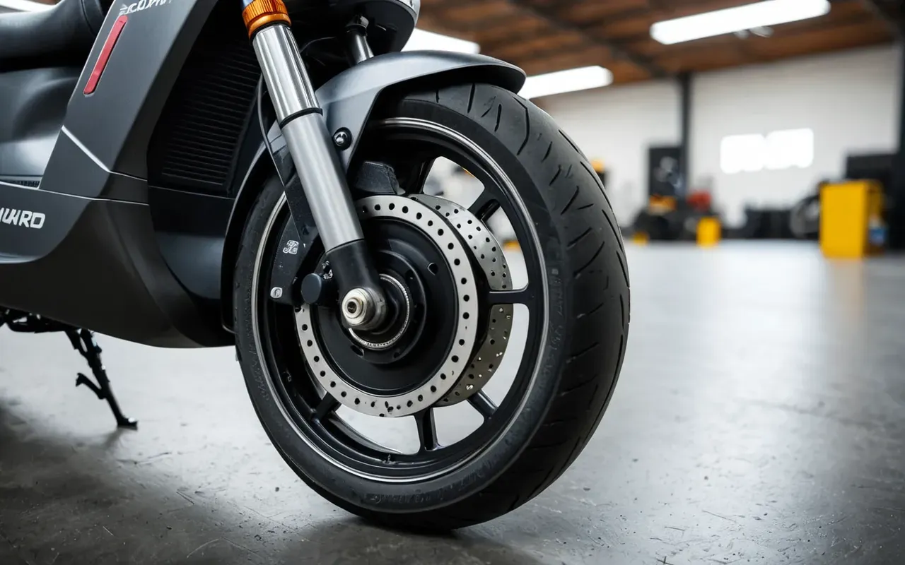 A close-up view of an electric scooter's brake system and wheel components on a clean workshop surface with soft focused lighting highlighting the mechanical details in neutral colors