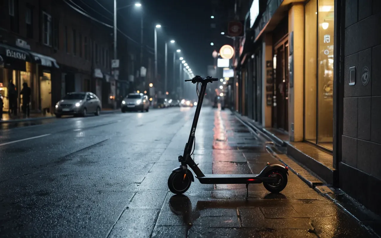 A dimly lit urban street at night with a single electric scooter parked on the sidewalk near a crosswalk. The scene is quiet and somber, with wet pavement reflecting distant city lights.