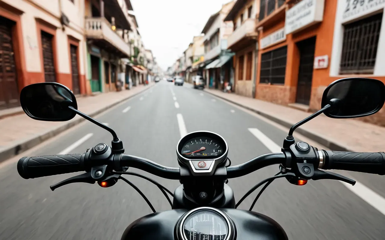 A first person perspective view from a scooter rider looking down at the handlebars and road ahead with a sense of speed indicated by motion blur on the edges.