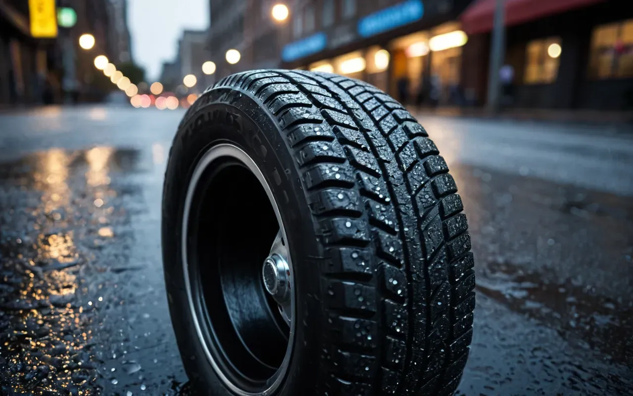 A macro shot of a scooter tire tread pattern on wet asphalt with rain droplets reflecting the city lights showing the grip capability in detail.
