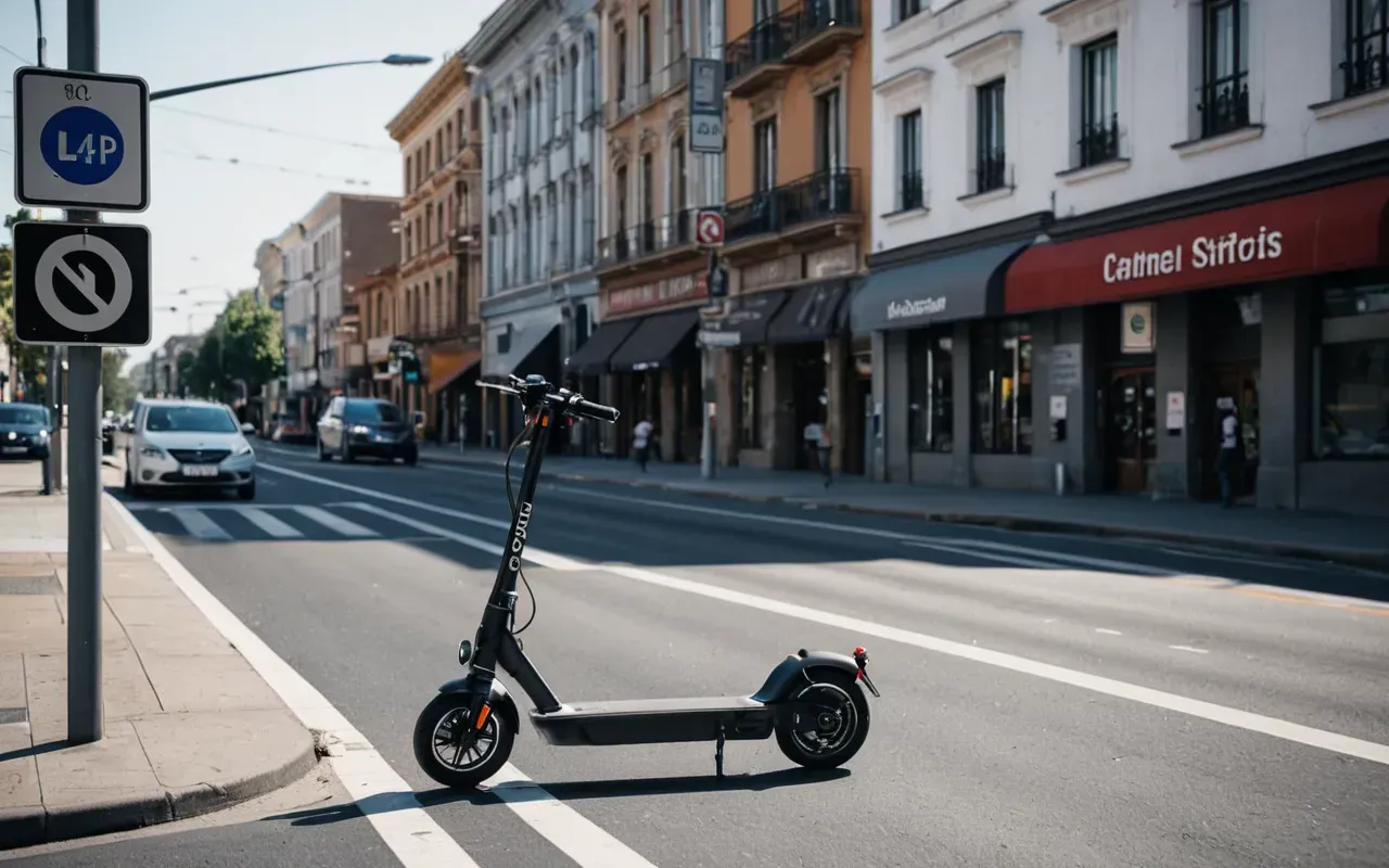 A modern city street intersection with a silver electric scooter stopped near the crosswalk in bright daylight. The scene is calm and realistic without any people or text visible.
