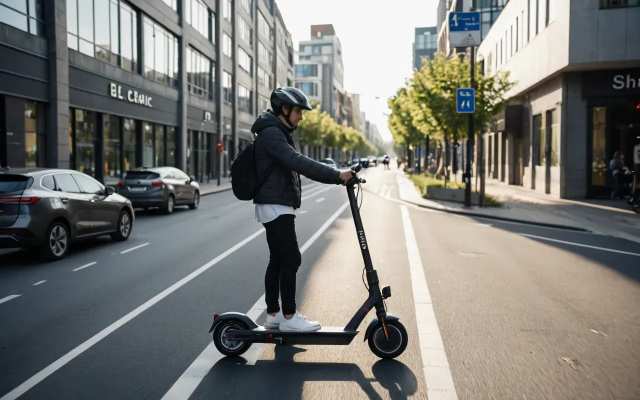 A modern city street scene with a young person riding an electric scooter in a dedicated bike lane. The lighting is soft morning light, and the background shows blurred modern buildings.