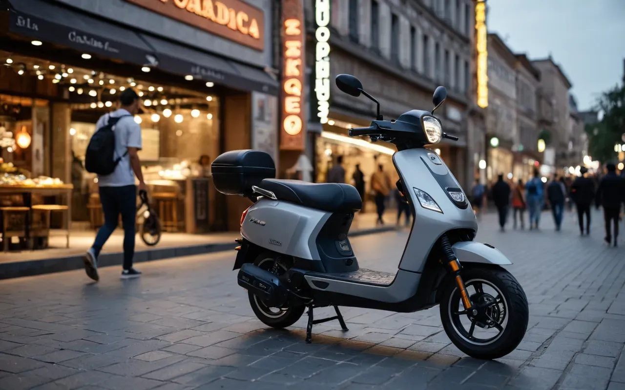A modern electric scooter parked in a busy urban plaza with people walking past and soft evening street lights creating a warm atmosphere.