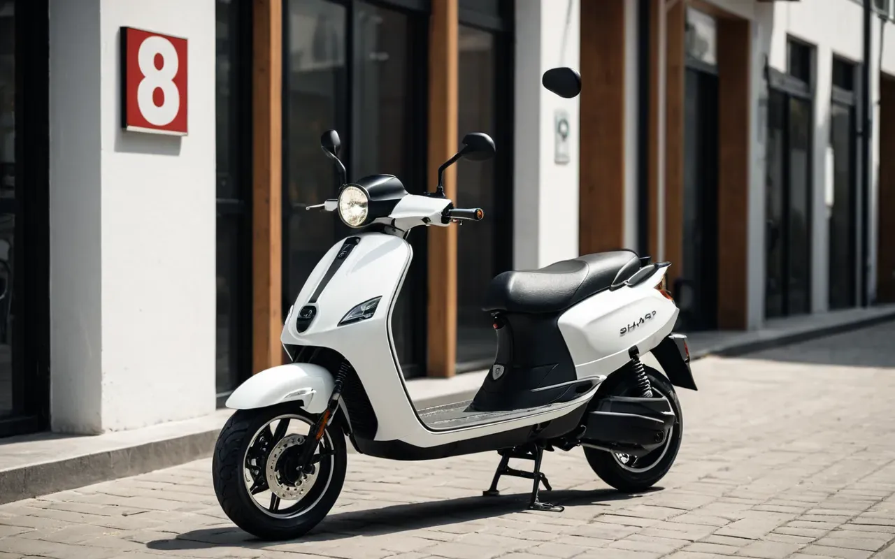 A modern electric scooter parked in a clean urban courtyard with minimalist design and soft diffused lighting.