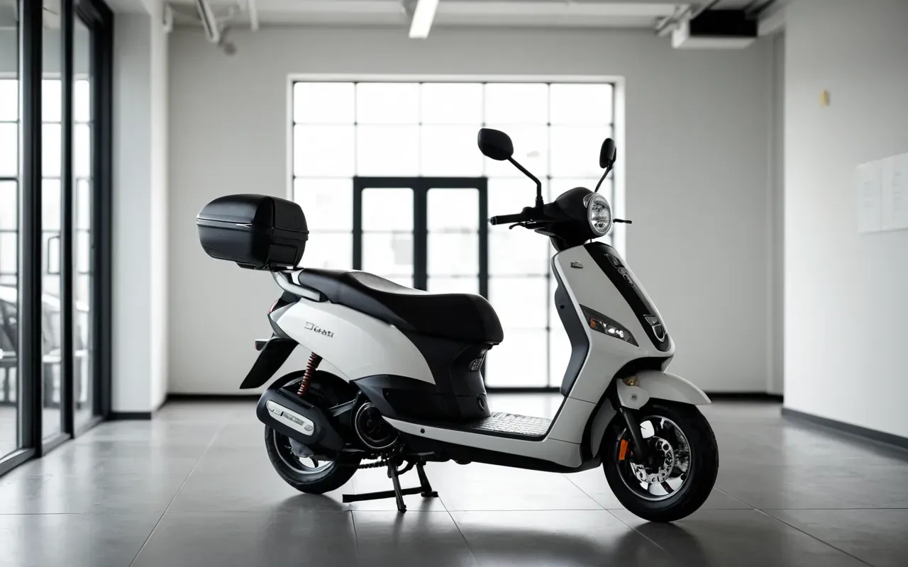 A modern electric scooter parked in a clean minimalist indoor space with soft natural light from large windows and neutral gray tones throughout the composition