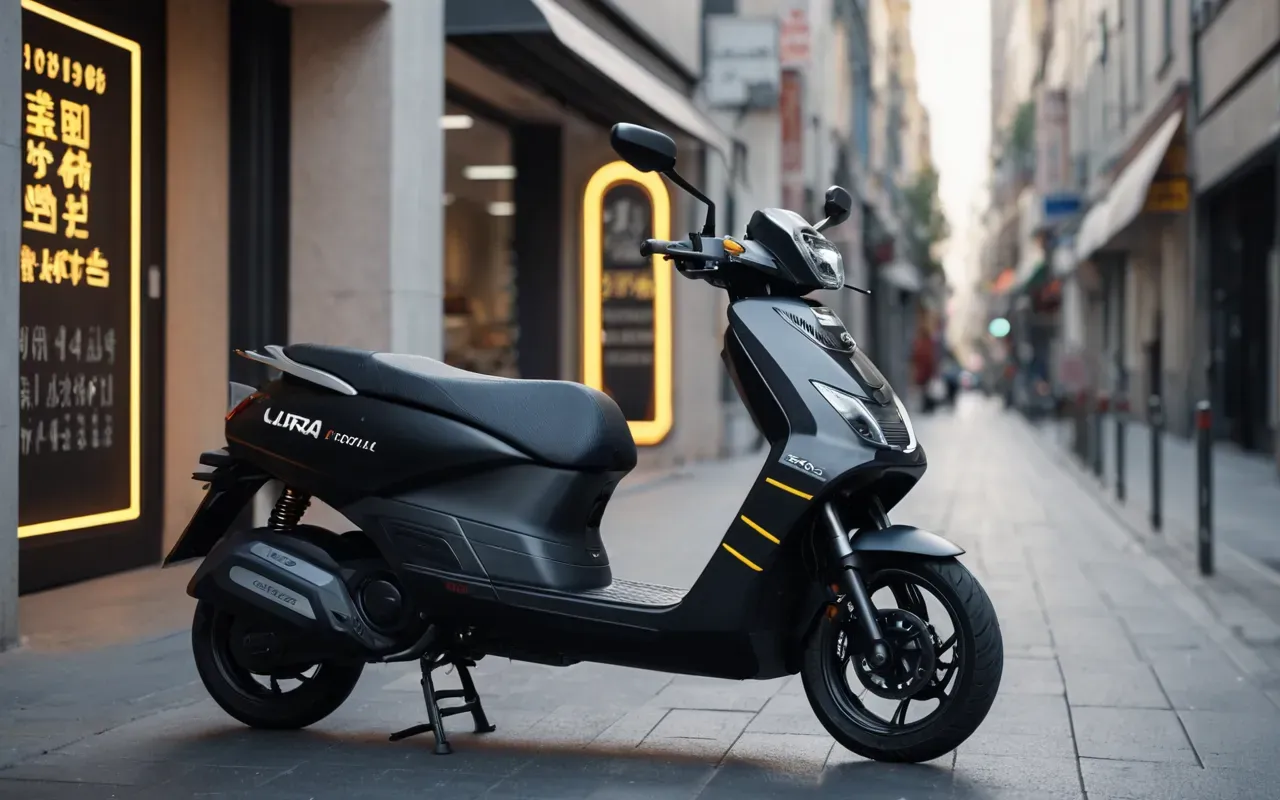 A modern electric scooter parked in a futuristic city street with clean lines and soft ambient lighting highlighting the sleek design details.