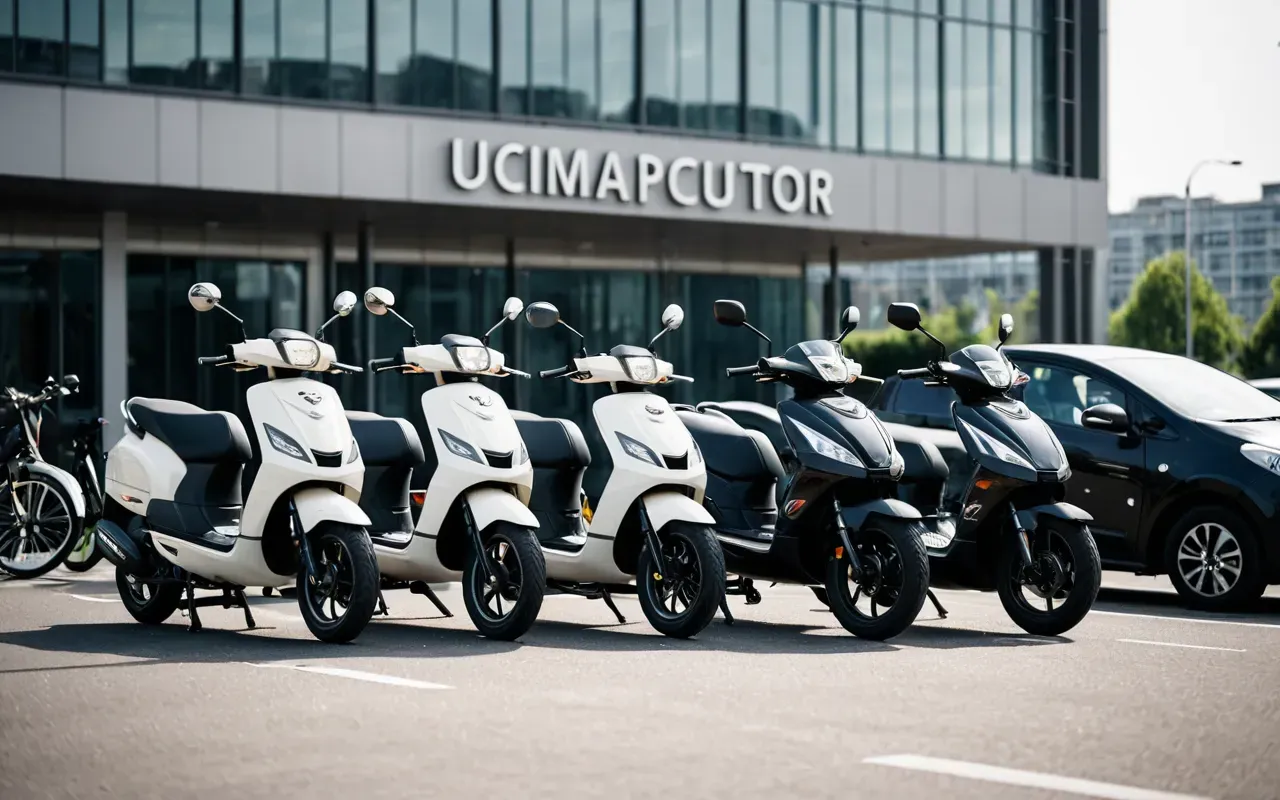 A modern electric scooter parked in a well-lit parking area next to other scooters and bicycles with a clean urban background showing glass buildings.