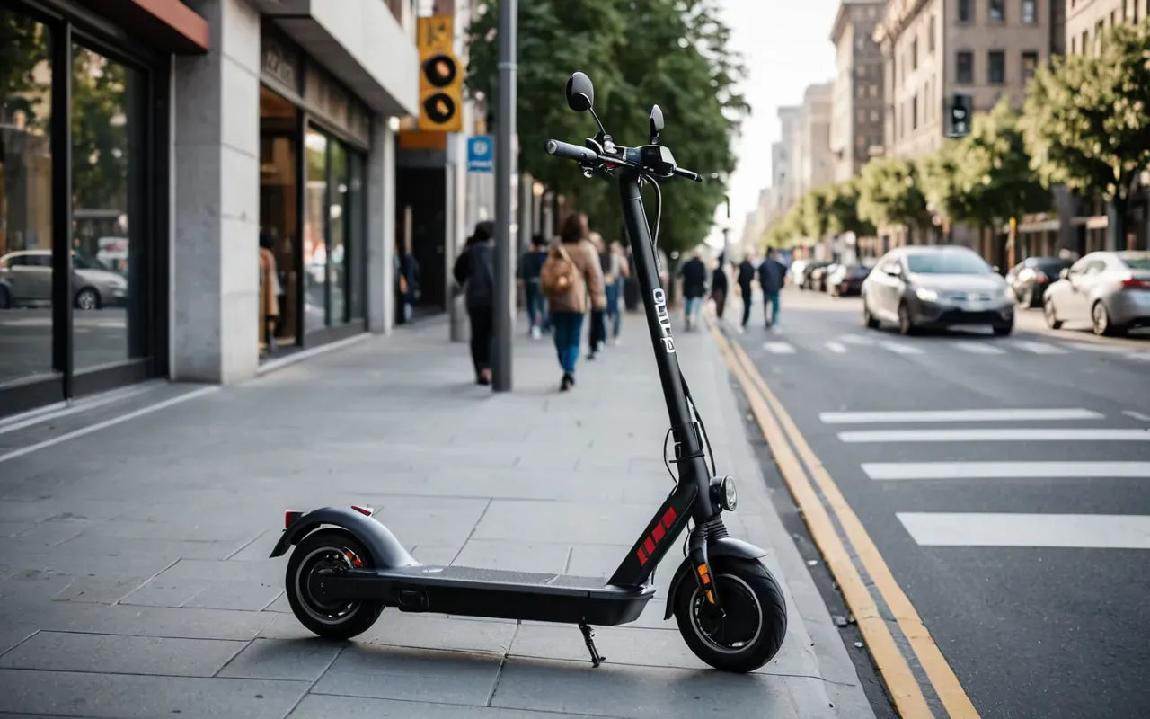 A modern electric scooter parked on a city sidewalk next to a crosswalk with pedestrians walking in the background, soft daylight and clean urban architecture without any visible signs or text