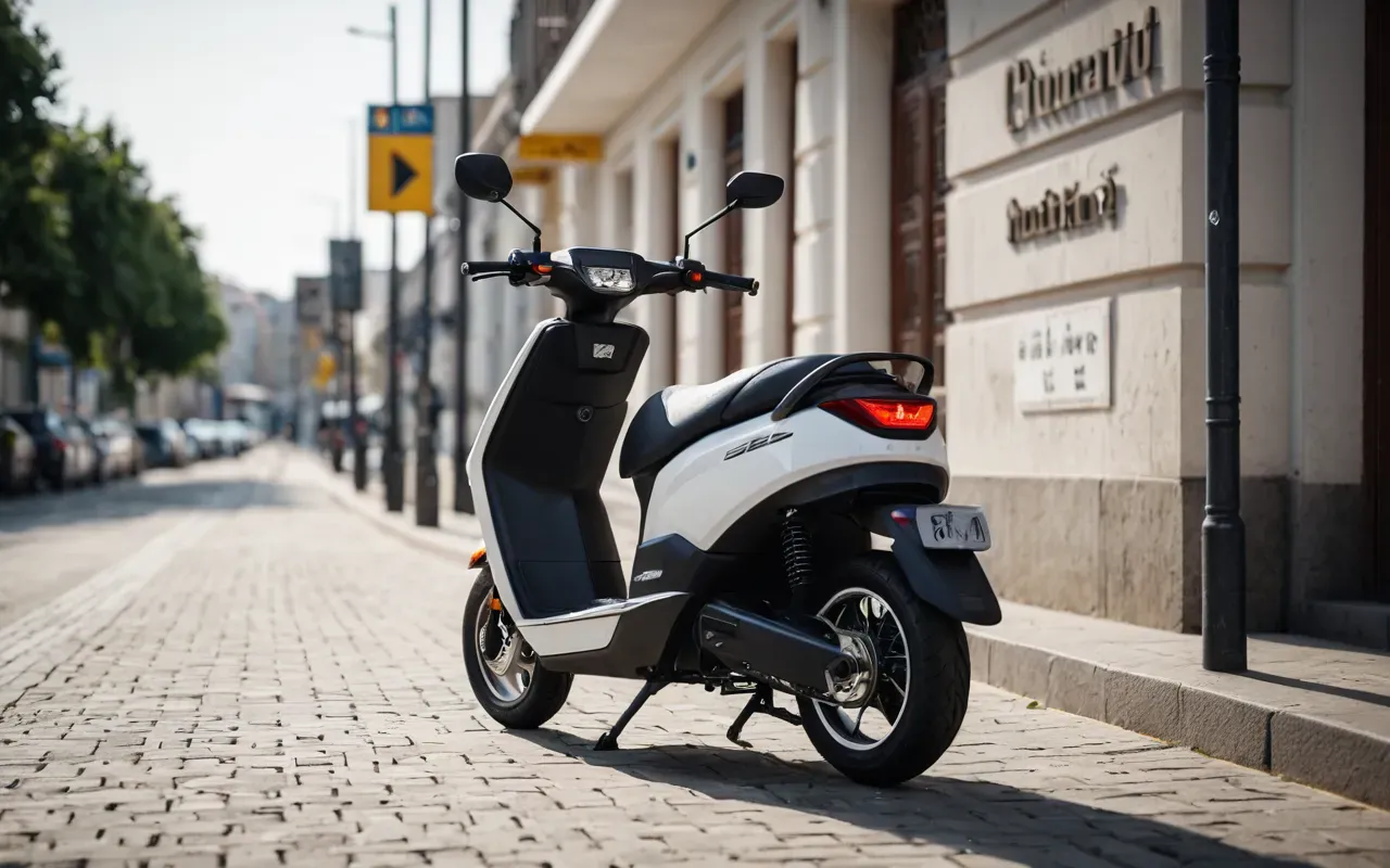 A modern electric scooter parked on a clean sidewalk with its front wheel and handlebars visible in soft natural daylight without any text or logos.