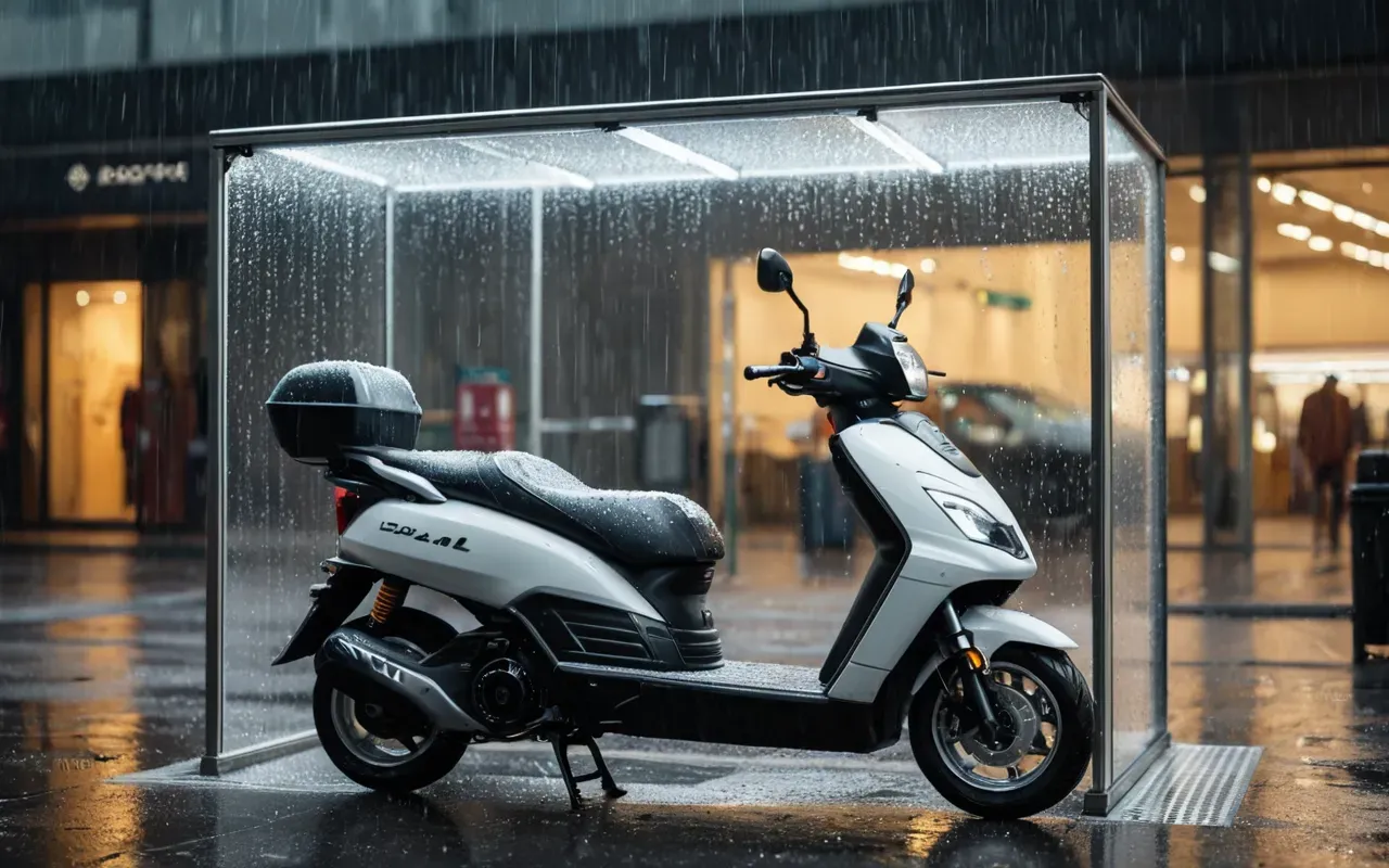 elektrikli skuter yağmur koruma alanı A modern electric scooter parked under a transparent glass shelter with rain drops visible on the surface and warm indoor lighting in the distance.