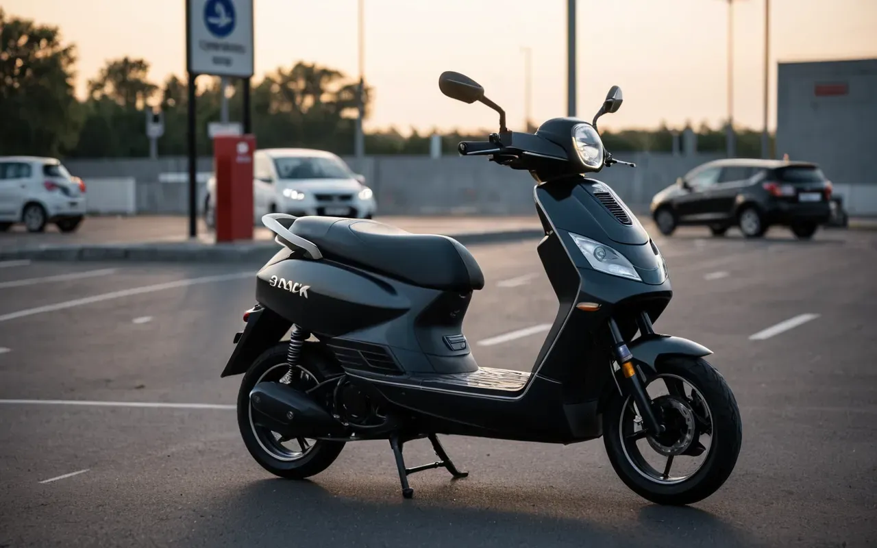 A modern electric scooter standing alone in a parking area with soft evening light highlighting its sleek design and sturdy frame without any people around.