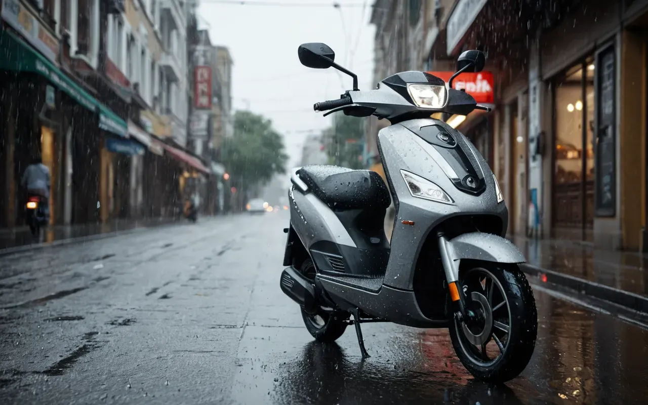 A modern electric scooter standing on a wet city sidewalk during heavy rain with water droplets flying off the wheel and body panels.