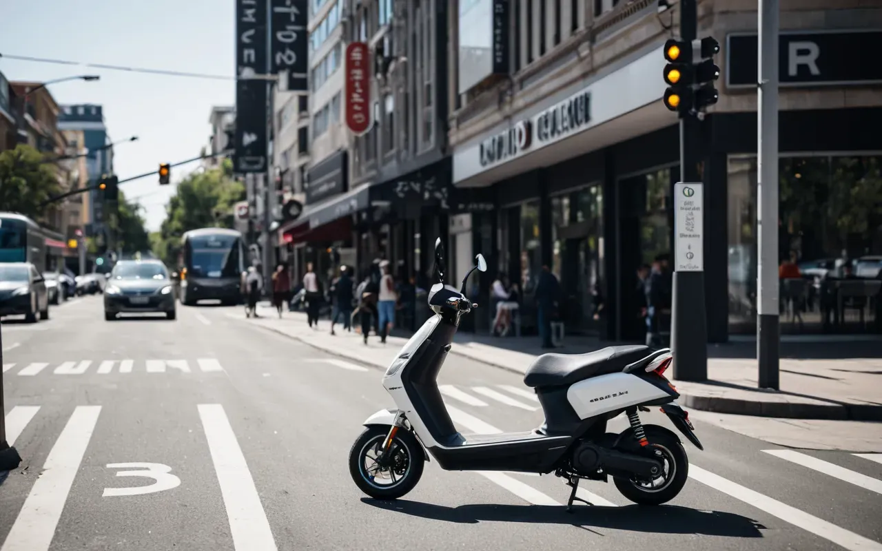 A modern urban street scene with a sleek electric scooter parked near a busy crosswalk, bright daylight and clean lines emphasizing city mobility without any visible text or signage.