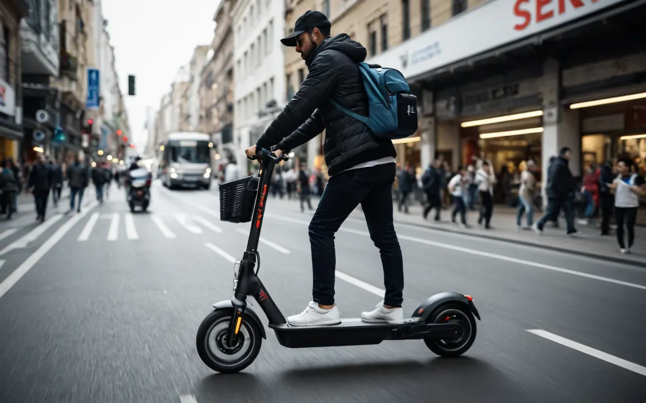 A person riding a modern electric scooter on a busy city street during rush hour, focusing on the wheels and suspension system with motion blur in the background showing traffic lights and cars.