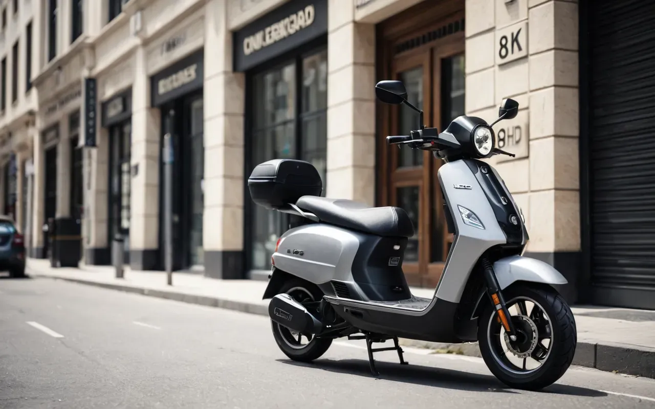A person riding a modern electric scooter on a smooth urban sidewalk with soft daylight and clean architectural background.