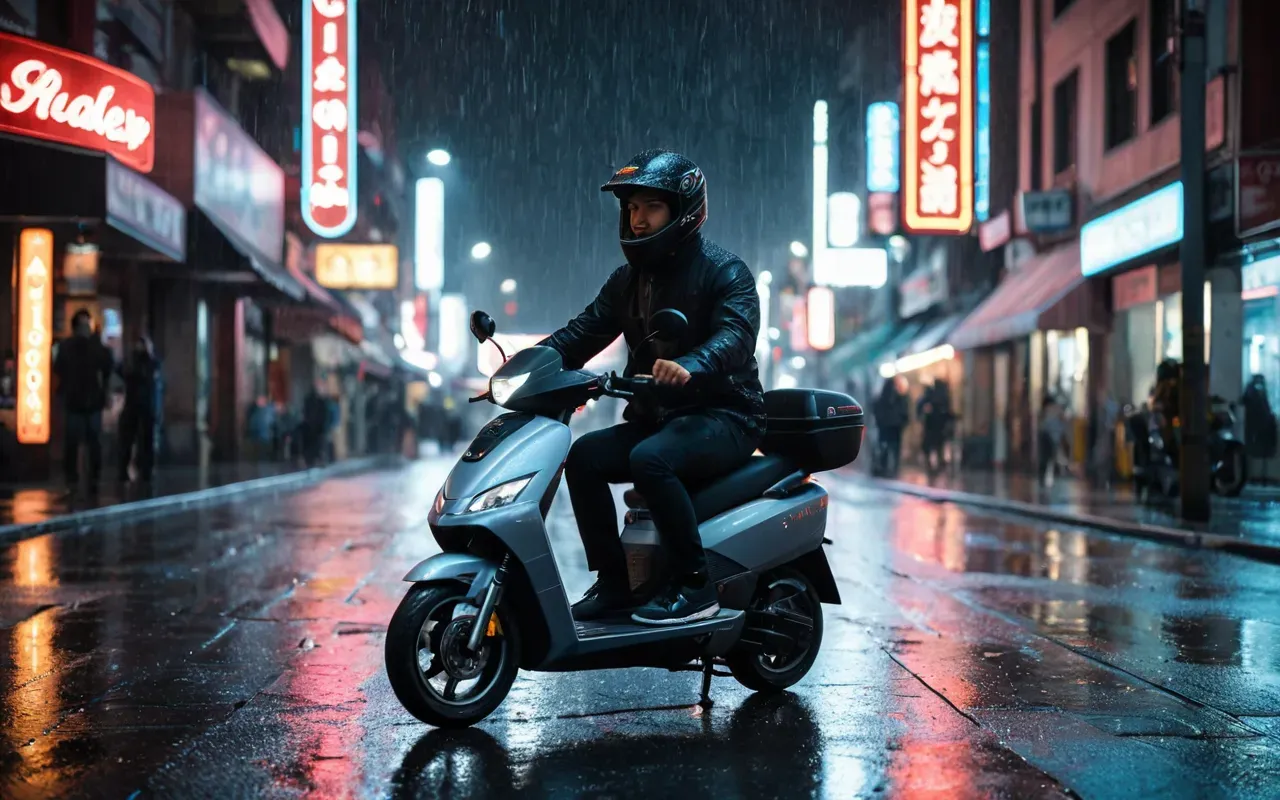 A person riding an electric scooter on a wet city street at night with blurred raindrops and neon lights reflecting on the pavement, cinematic shot from behind