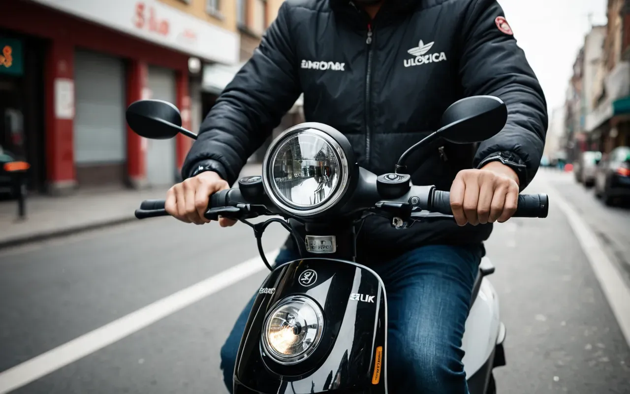 A person riding an electric scooter on a city street during the day, with clear focus on the handlebar controls and the rider's focused expression in motion.