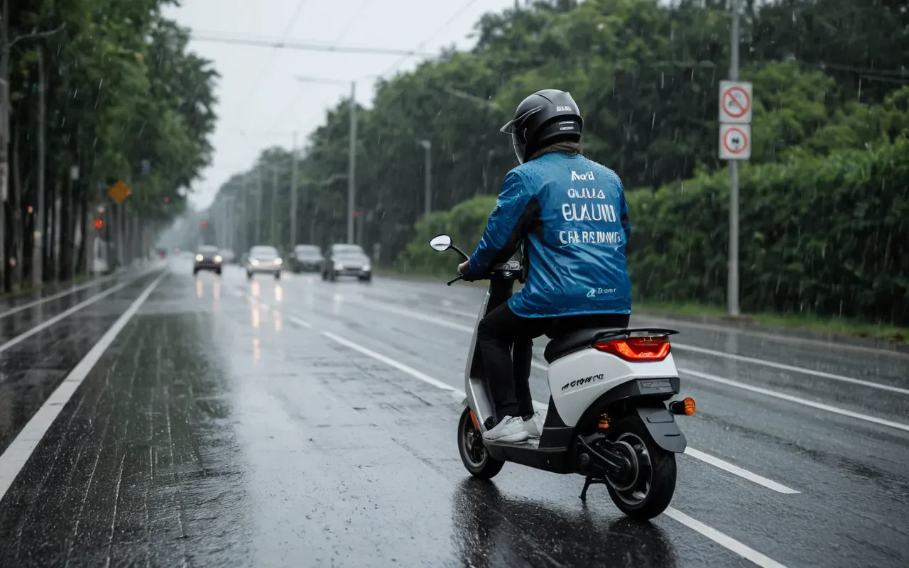 A person riding an electric scooter on a paved bike lane in the rain, wearing a helmet and reflective jacket.