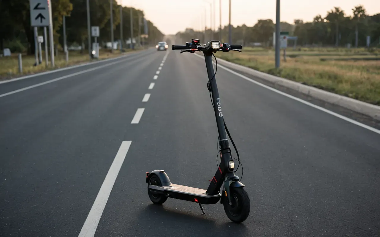 elektrikli scooter şarj istasyonu A person riding an electric scooter on a smooth asphalt road near a charging station. The scene is set in the late afternoon with soft natural light illuminating the rider and the vehicle from behind.