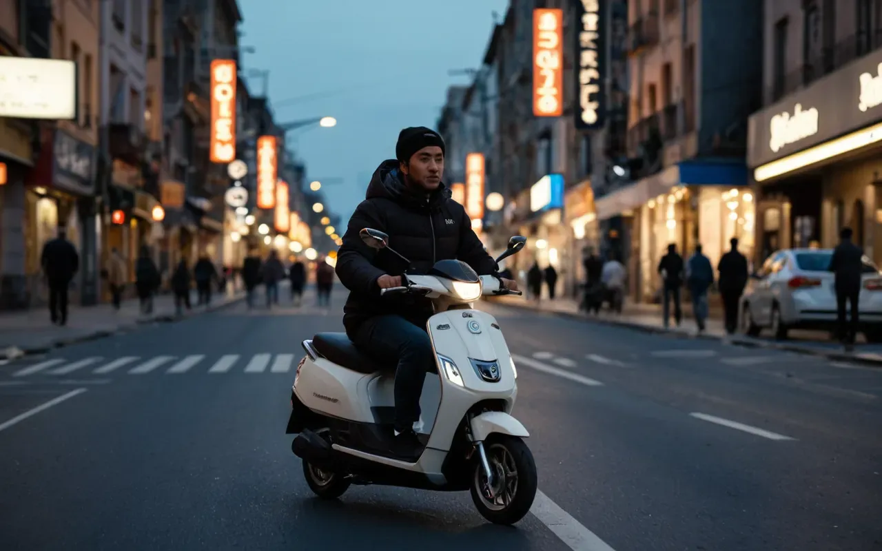 A person riding an electric scooter on a busy city street at dusk with warm streetlights in the background.