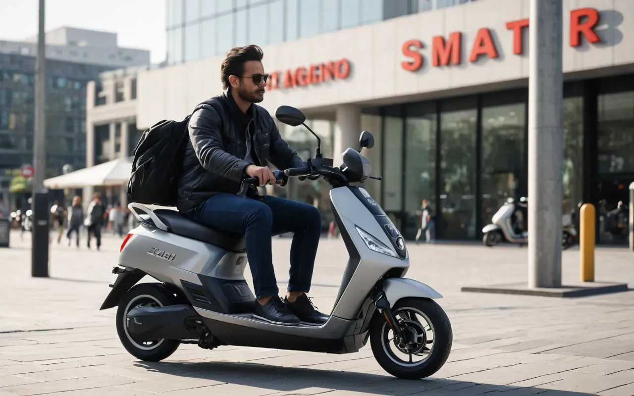 A person sitting on a modern electric scooter in a bright contemporary urban plaza with soft morning light and clean architectural lines in the background creating a minimalist atmosphere
