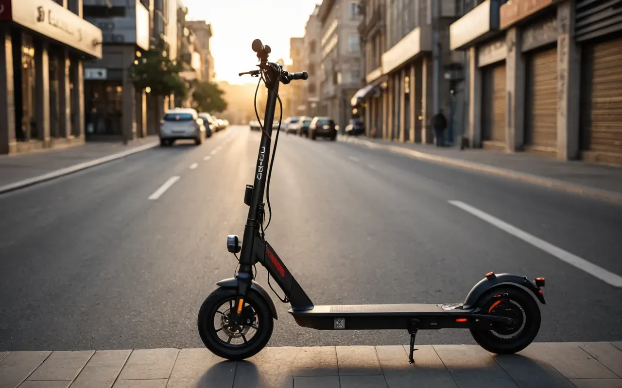 A person standing next to a modern electric scooter on an empty city street during golden hour lighting with soft shadows and urban background elements visible in the distance without any text or signage.