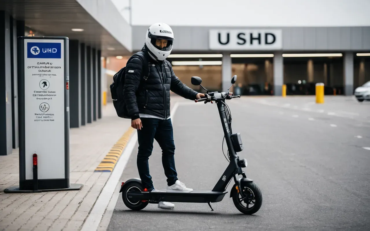 A person wearing a full-face helmet standing next to an electric scooter in a modern parking area. The lighting is bright and clear, highlighting the safety gear.