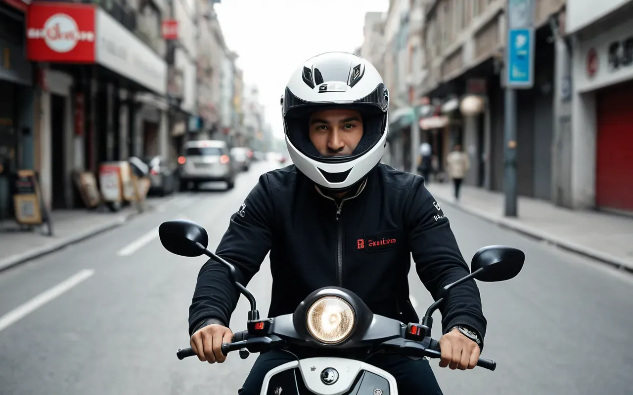 A person wearing a modern full-face helmet while riding an electric scooter on a smooth city street during the day with soft natural lighting and no visible text or signs.