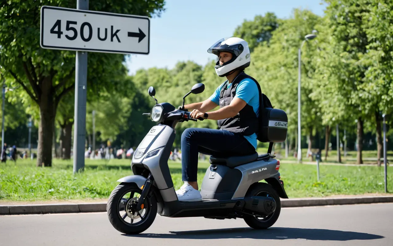 A person wearing a modern safety helmet sitting on an electric scooter in a sunny park with green trees and clear blue sky background.