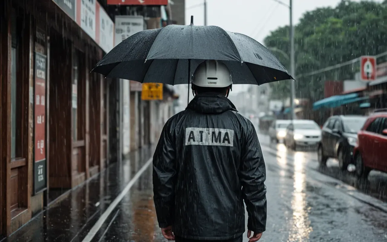 yağmurlu hava koruyucu kıyafet A person wearing a protective helmet and rain jacket standing on a sidewalk holding an umbrella with heavy rain falling in the background.
