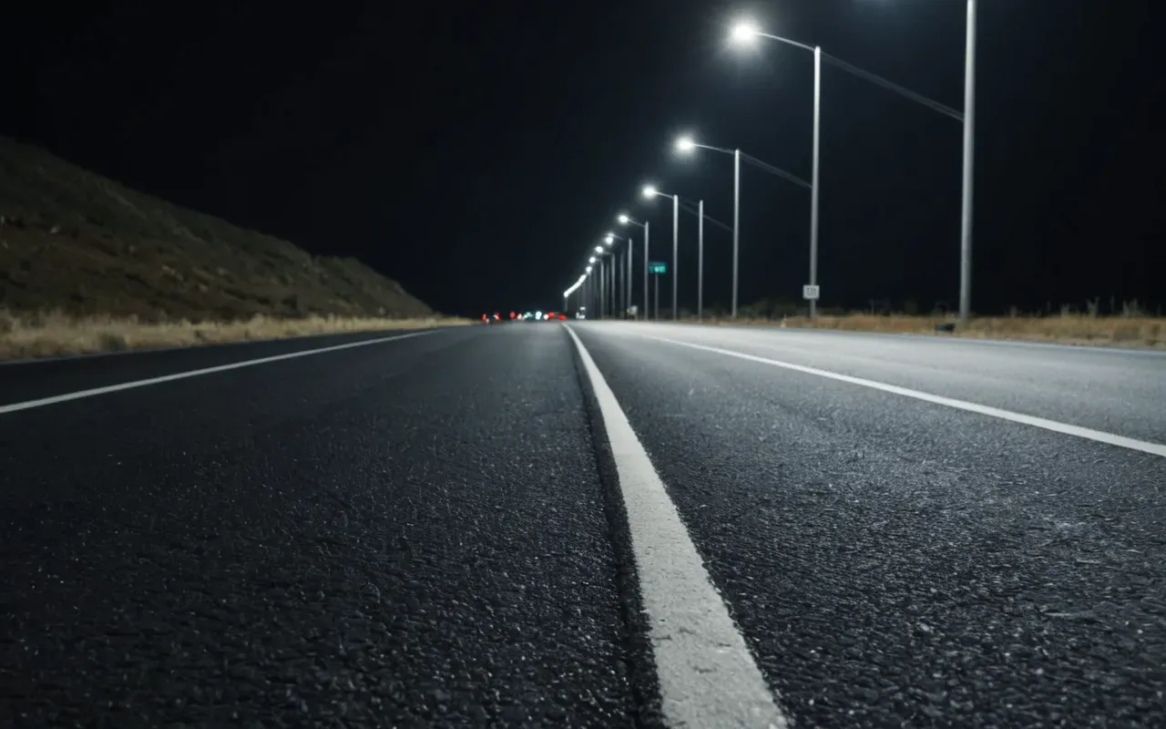 A photo of a long dark skid mark stretching across an empty asphalt road at night, showing the sudden stop of a vehicle with dramatic street lighting and no people present.