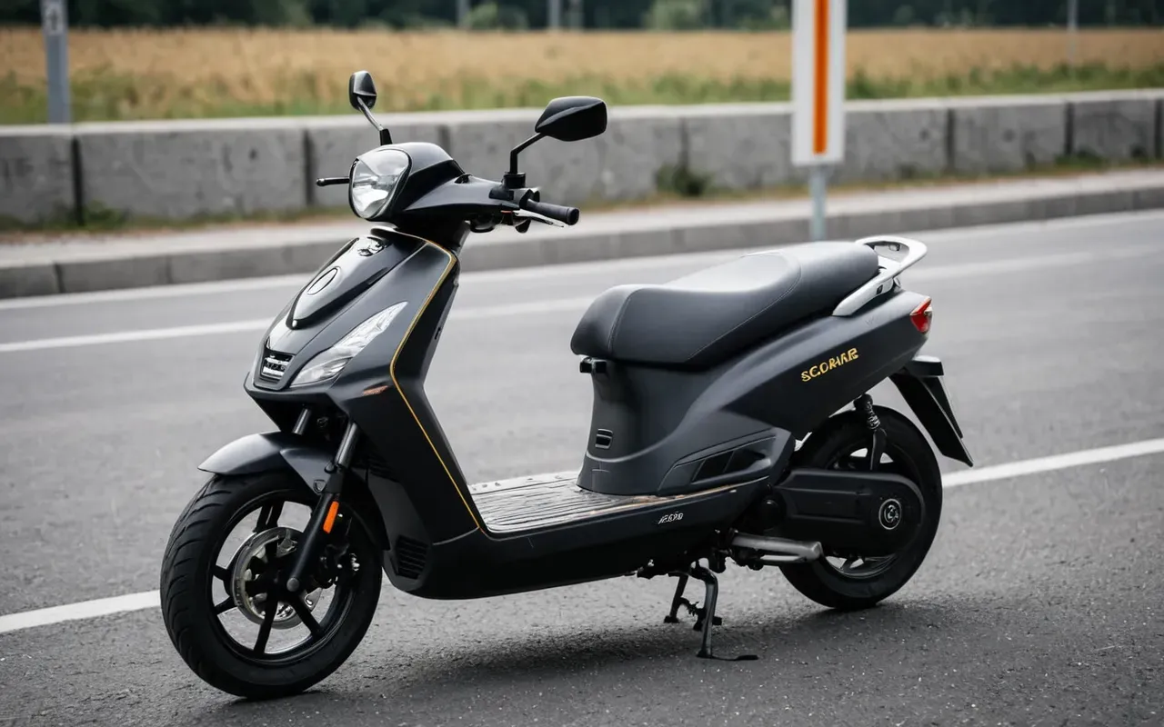 A photo-realistic close-up of a modern electric scooter parked on an asphalt road next to a concrete barrier. The lighting is bright and natural daylight highlighting the clean design of the vehicle. In the blurred background there are moving vehicles suggesting high-speed traffic flow. No people, no text, no logos visible in this neutral composition focusing solely on static machinery contrasted against dynamic urban infrastructure elements.