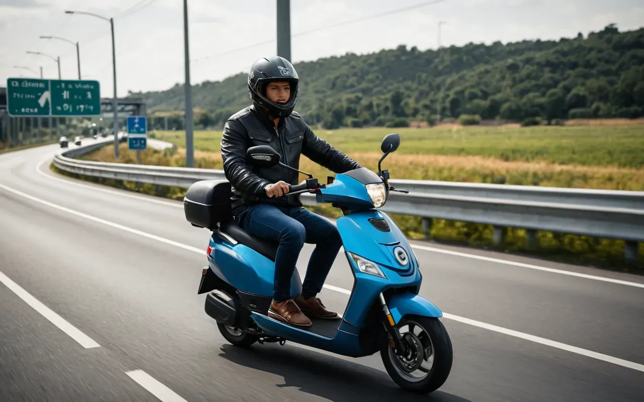A photo-realistic scene of an electric scooter rider on a multi-lane highway during rush hour. The rider is wearing casual clothing and no helmet, weaving between heavy traffic vehicles like trucks and buses. The lighting suggests early morning with long shadows cast by the moving cars. The composition focuses on the vulnerability of the small two-wheeler against massive commercial transport vehicles in an urban setting.