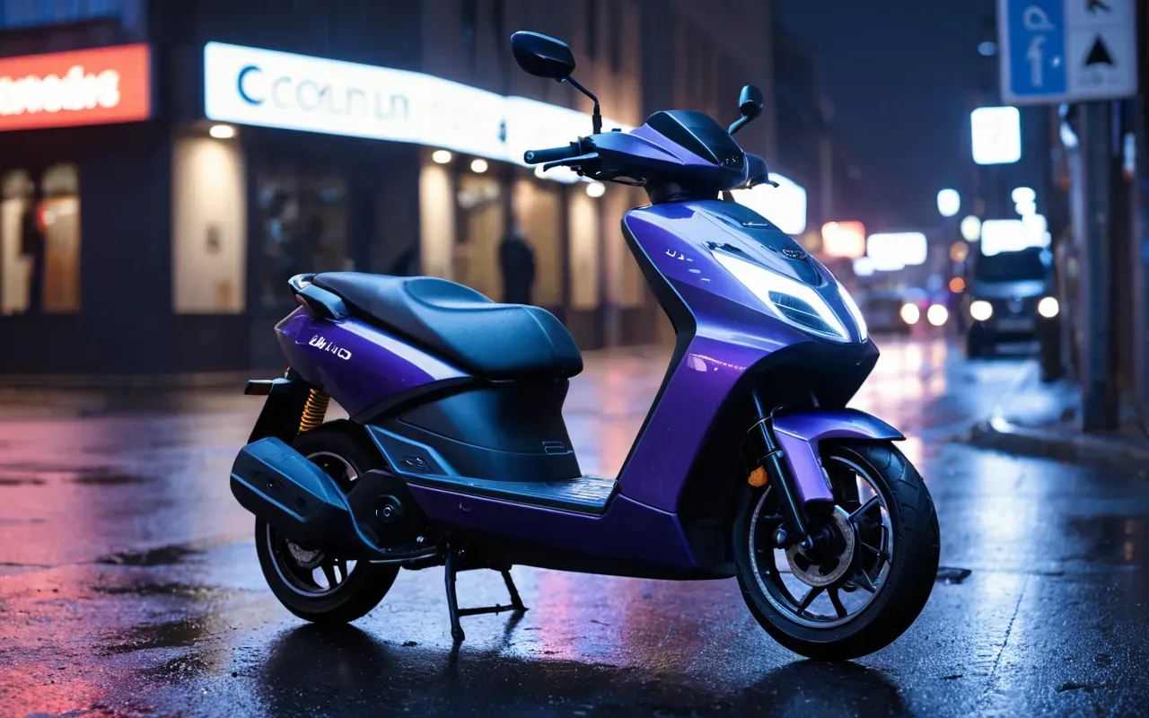 A sleek futuristic electric scooter parked on a wet asphalt street at night with soft blue and purple ambient lighting reflecting off the wheels.