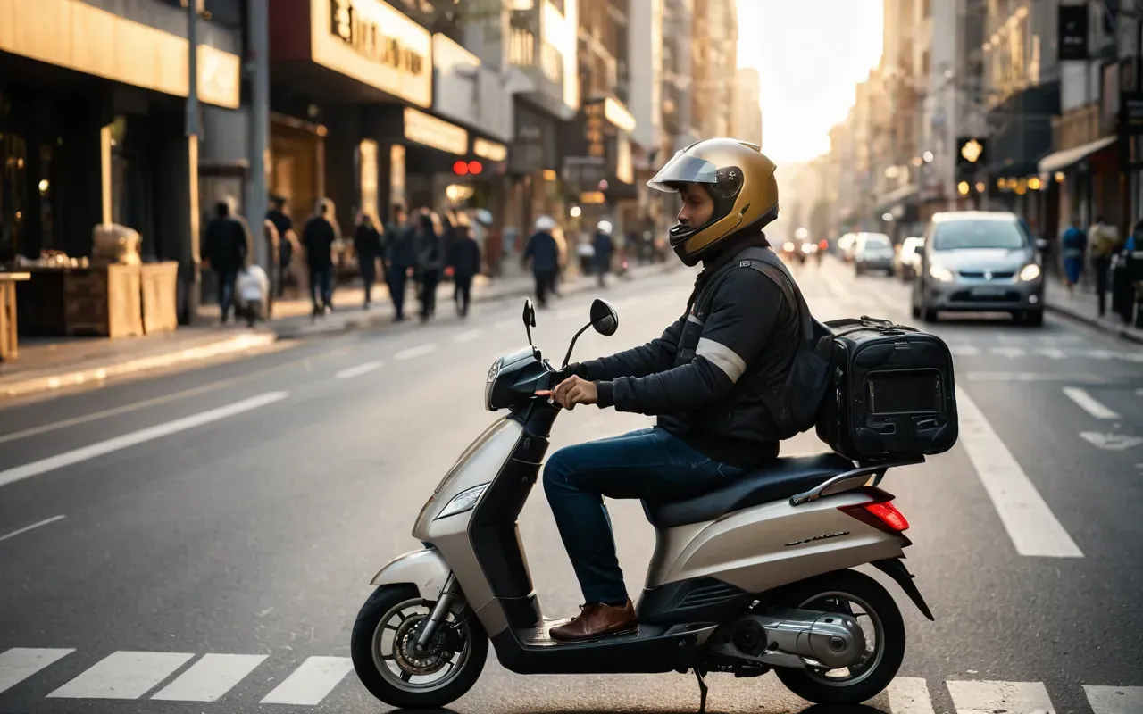 A tired delivery rider wearing a helmet sits on his scooter in the middle of a busy modern city street during the late afternoon. The light is warm and golden hour, casting long shadows across the asphalt road surface.