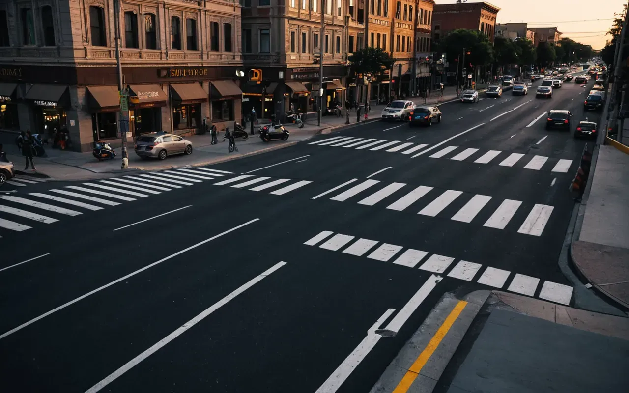 A wide angle shot of a busy urban intersection at dusk with multiple vehicles and scooters navigating the crosswalks under bright streetlights creating long shadows.