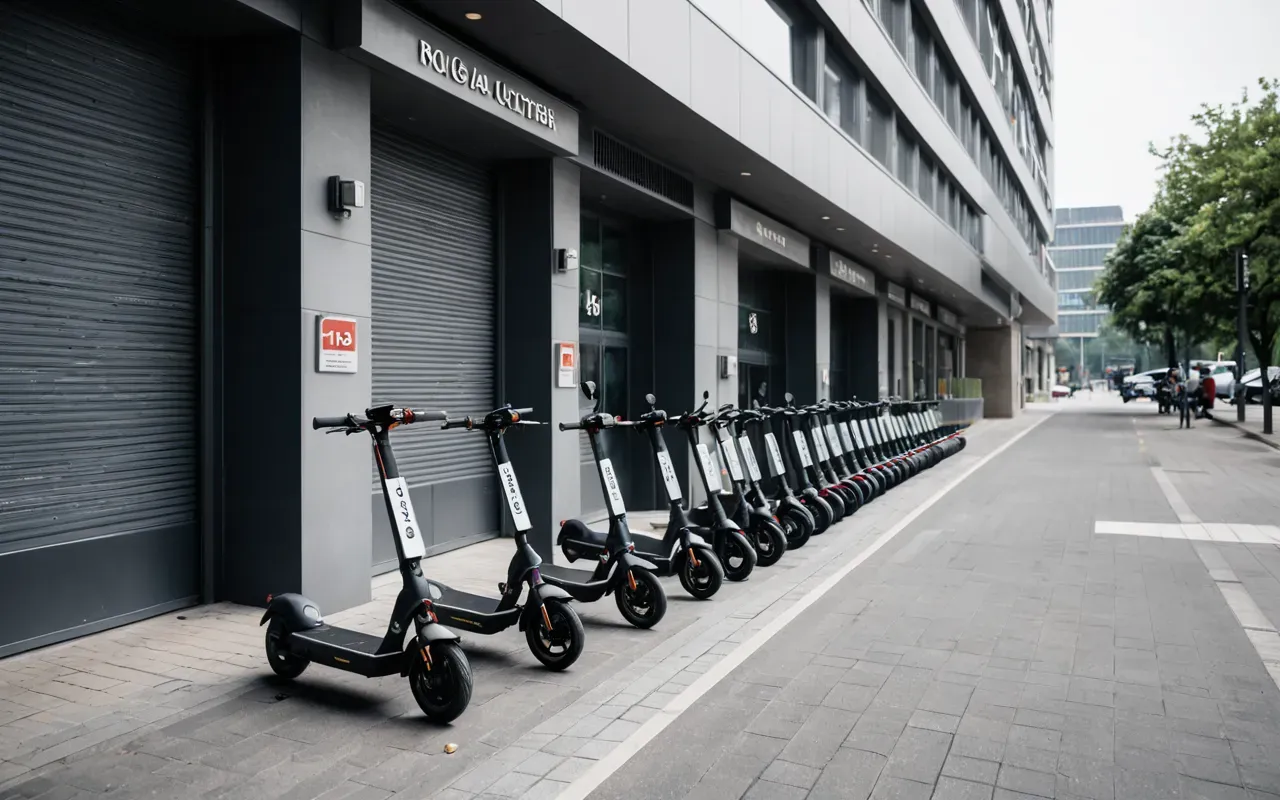 A wide angle shot of a city street with multiple electric scooters parked neatly on the sidewalk next to a modern building entrance during clear weather.