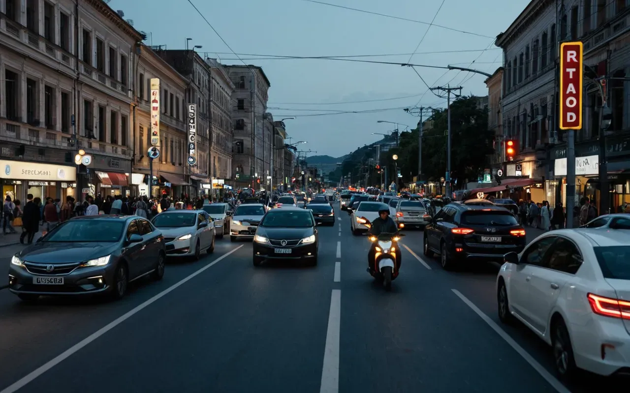 A wide shot of a city street intersection with multiple vehicles including an electric scooter and cars, showing the busy traffic environment at dusk with artificial lighting creating a sense of urgency.