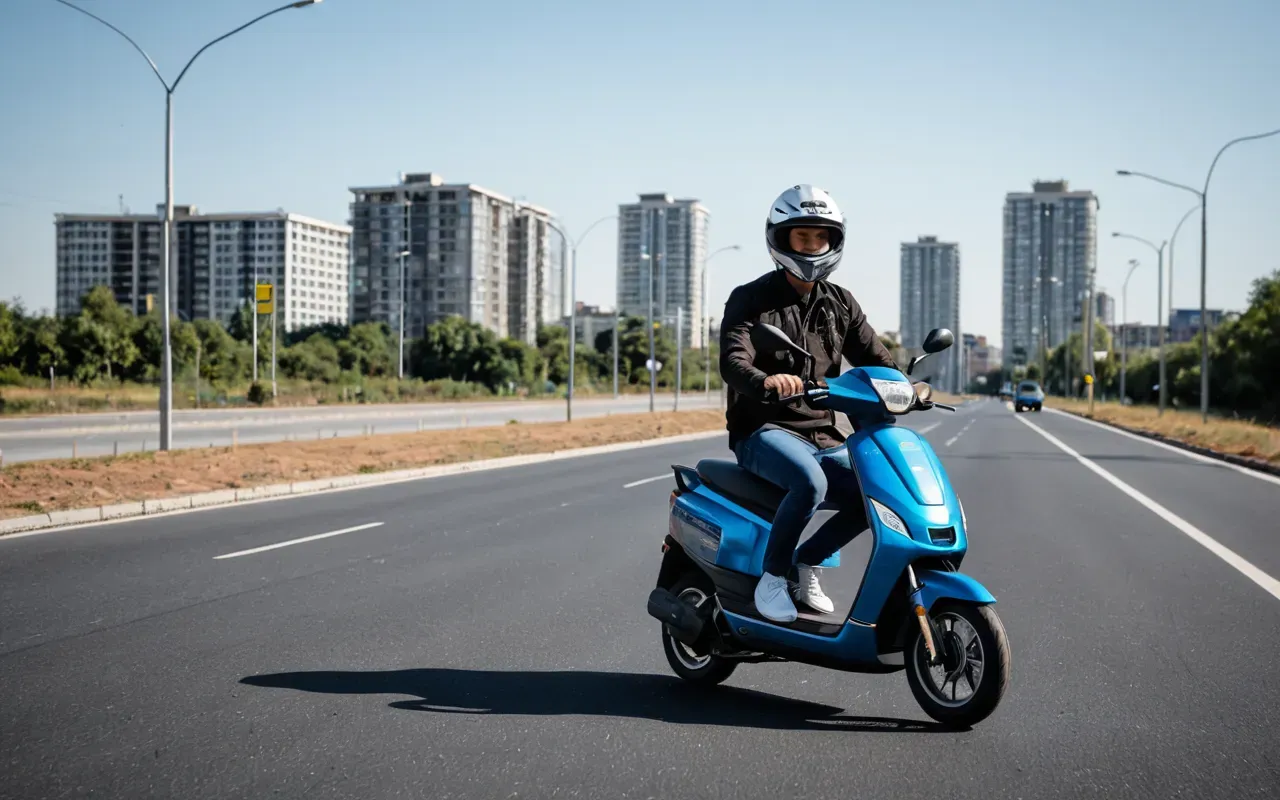 A young adult wearing a helmet and riding an electric scooter on a smooth asphalt road during daytime with clear blue sky and modern buildings in the background.