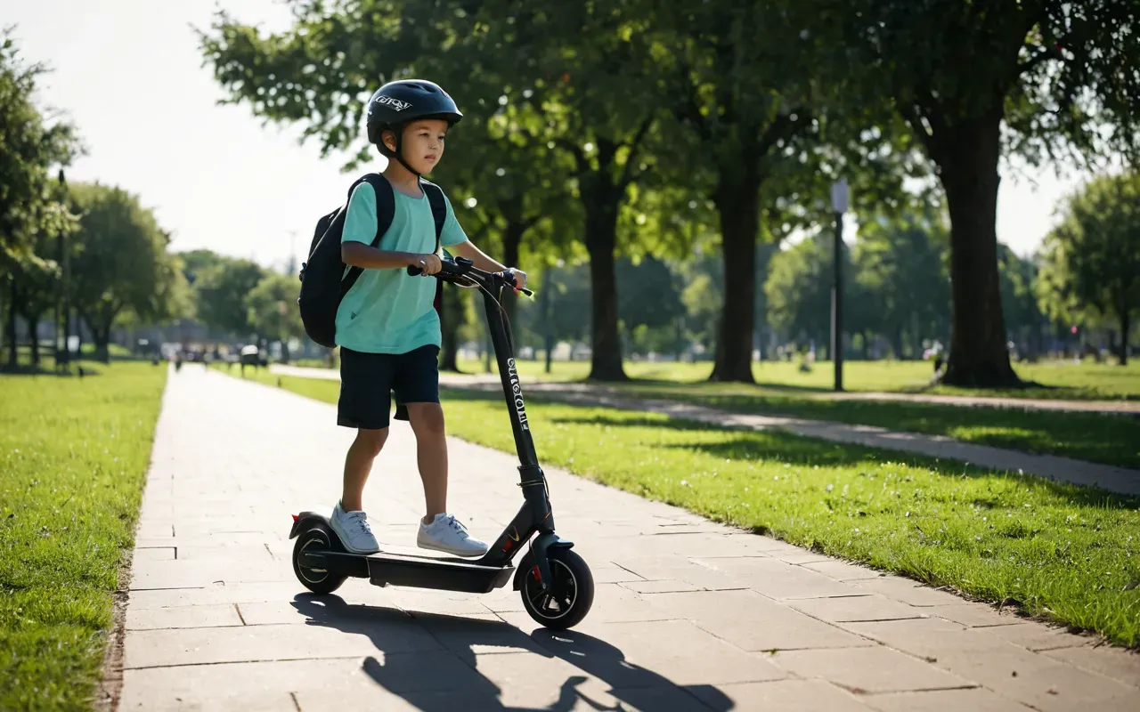 A young child riding a modern electric scooter in an open park area with green grass and soft afternoon sunlight creating long shadows on the ground
