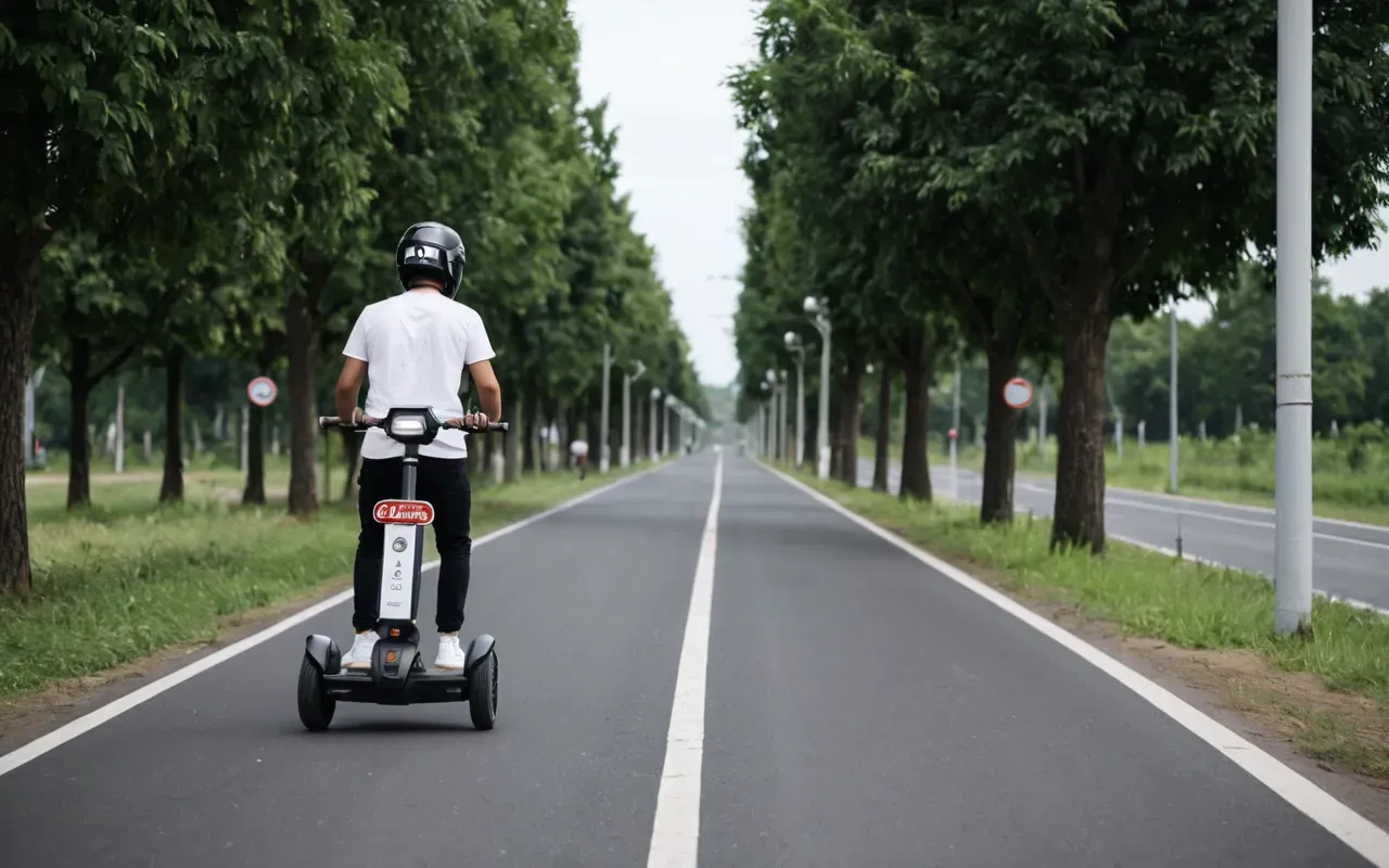 A young person wearing a helmet riding an electric scooter on a wide paved path with trees and street lights visible in the distance during daytime hours.