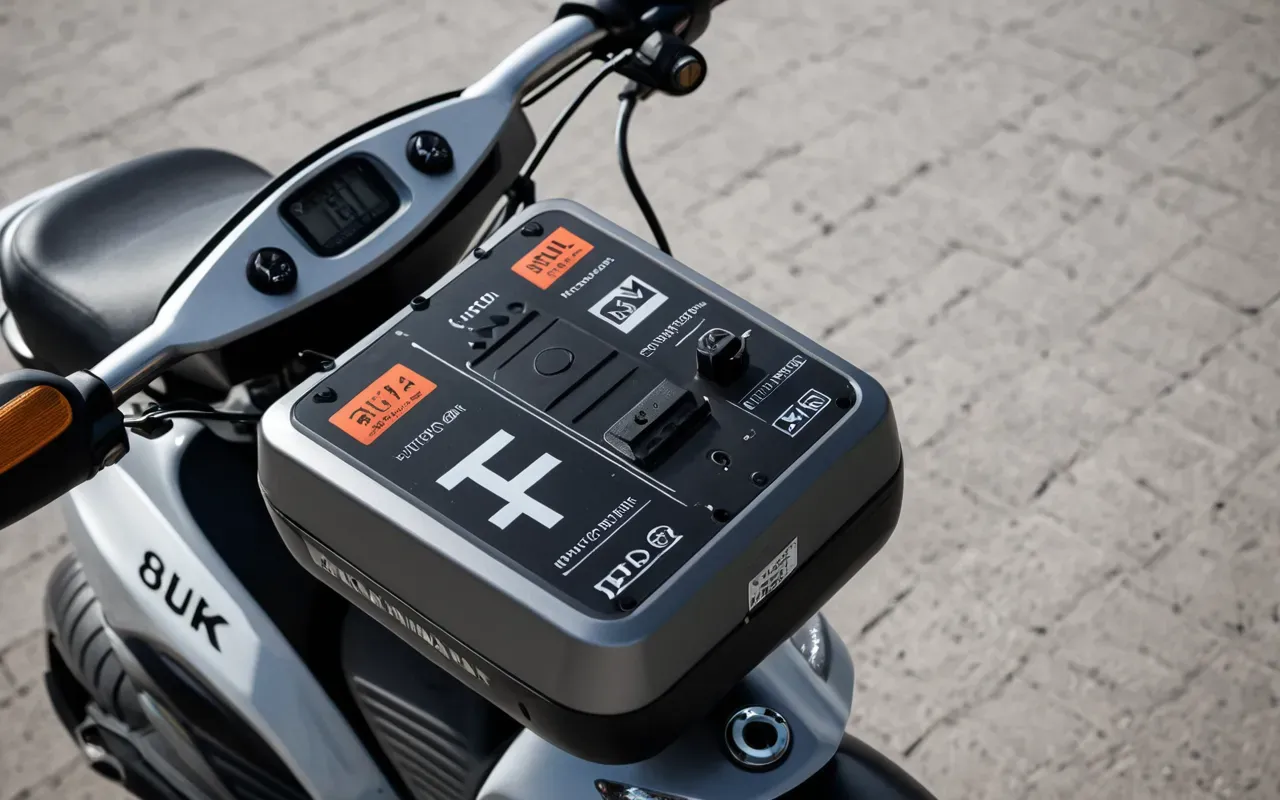 Clean editorial still life of electric scooter battery components on a neutral gray surface with soft natural daylight, showing modern minimalist design and technical precision